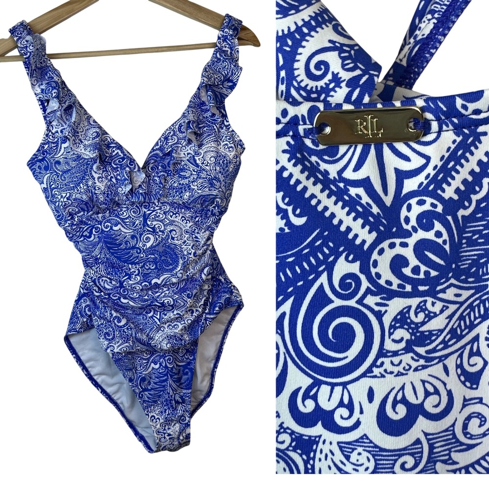 Lauren Ralph Lauren Artisanal Woodblock Swimsuit Size 8 One-Piece Blue Ruffle